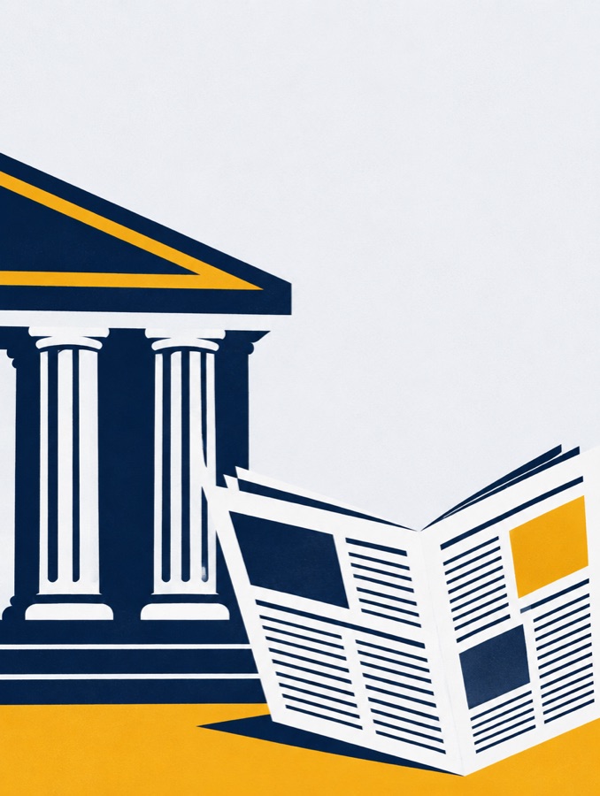 Sample cover art: a courthouse and an open newspaper in navy and marigold.